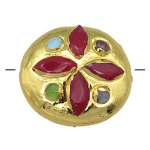 red jade circle button beads, gold plated, approx 25mm dia