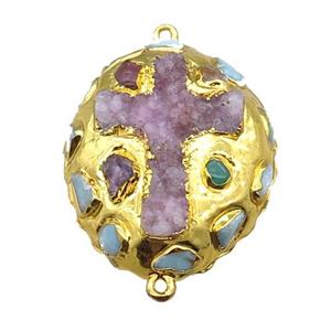 agate druzy oval connector, cross, gold plated, approx 30-40mm