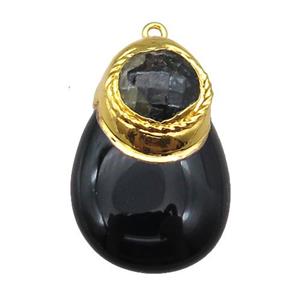 black Onyx Agate teardrop pendant, gold plated, approx 25-38mm