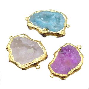 Agate druzy connector, slab, gold plated, mixed, approx 25-45mm