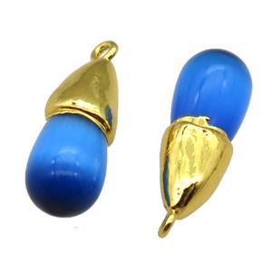blue Cat eye stone pendant, teardrop, gold plated, approx 10-25mm
