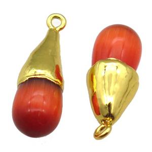 orange Cat eye stone pendant, teardrop, gold plated, approx 10-25mm