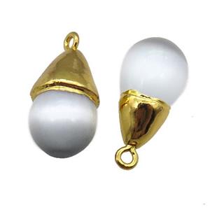 white Cat eye stone pendant, teardrop, gold plated, approx 12-20mm