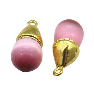 pink Cat eye stone pendant, teardrop, gold plated, approx 12-20mm