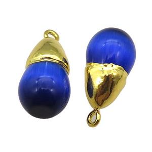 blue Cat eye stone pendant, teardrop, gold plated, approx 12-20mm