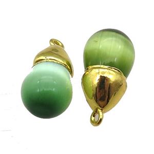 green Cat eye stone pendant, teardrop, gold plated, approx 12-20mm
