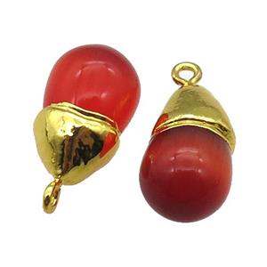 red Cat eye stone pendant, teardrop, gold plated, approx 12-20mm