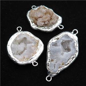 white Agate Druzy Geode connector, freeform, silver plated, approx 25-35mm