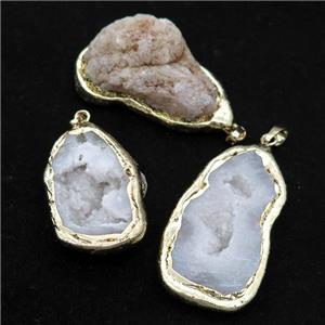 white Agate Druzy Geode pendant, freeform, gold plated, approx 20-50mm