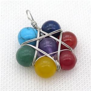 mix gemstone chakra circle pendant, yoga, multicolor, wire wrapped, approx 30mm