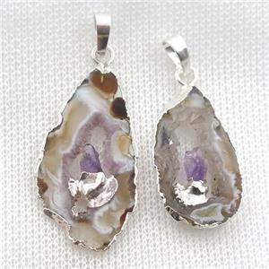 Agate Druzy slab pendant, silver plated, approx 15-33mm