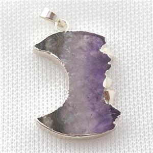 Amethyst Druzy moon pendant, silver plated, approx 18-30mm