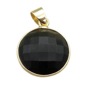black Obsidian circle pendant, faceted, approx 16mm dia
