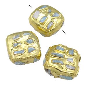 Larimar square beads, gold plated, approx 25mm