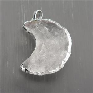 Clear Quartz moon pendant, hammered, silver plated, approx 25-30mm
