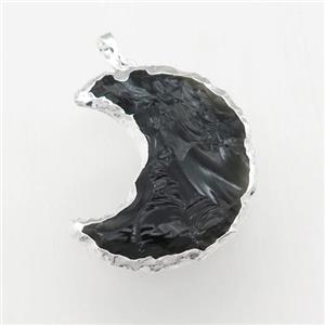 black Obsidian moon pendant, hammered, silver plated, approx 25-30mm