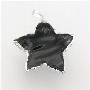 black Obsidian star pendant, hammered, silver plated, approx 25-30mm