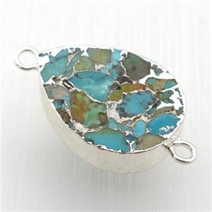 blue Mosaic Turquoise connector, teardrop, silver plated, approx 16.5-22mm