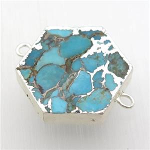 blue Mosaic Turquoise connector, hexagon, silver plated, approx 20mm