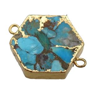 blue Mosaic Turquoise connector, hexagon, gold plated, approx 20mm
