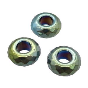 Hematite Beads with large hole, faceted rondelle, green plated, approx 14mm, 6mm hole