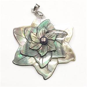 gray Abalone Shell flower pendant, approx 41mm