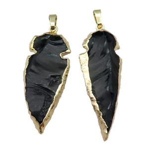 black Obsidian arrowhead pendant, hammered, gold plated, approx 18-40mm