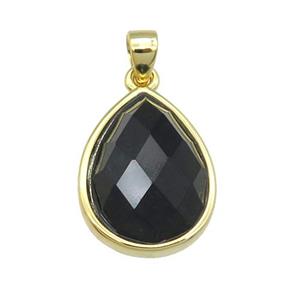 black Onyx Agate teardrop pendant, gold plated, approx 12-16mm