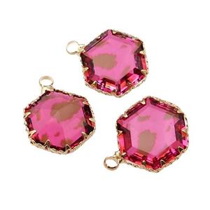 hotpink Crystal Glass hexagon pendant, gold plated, approx 16mm