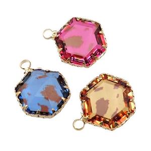 Crystal Glass hexagon pendant, gold plated, mixed, approx 16mm