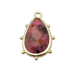 pink Rhodonite teardrop pendant, faceted, gold plated, approx 10-18mm