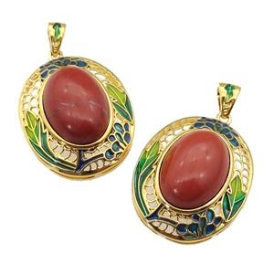 copper Oval pendant with red jasper, enamel, gold plated, approx 13-18mm, 23-28mm, 3mm hole