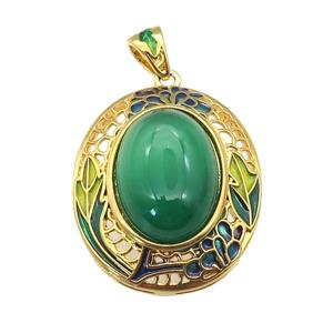 copper Oval pendant with green agate, enamel, gold plated, approx 13-18mm, 23-28mm, 3mm hole