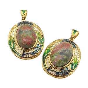 copper Oval pendant with unakite, enamel, gold plated, approx 13-18mm, 23-28mm, 3mm hole