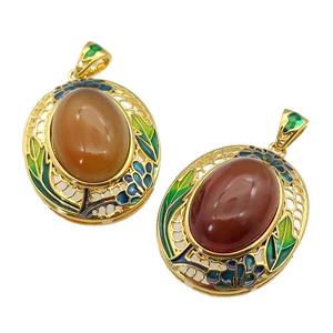 copper Oval pendant with carnelian, enamel, gold plated, approx 13-18mm, 23-28mm, 3mm hole