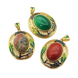 copper Oval pendant with gemstone, enamel, gold plated, mixed, approx 13-18mm, 23-28mm, 3mm hole