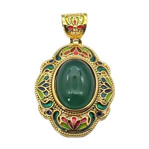 copper Oval pendant with green agate, enamel, gold plated, approx 13-18mm, 26-33mm, 6mm hole
