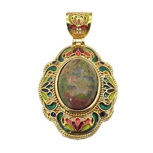 copper Oval pendant with unakite, enamel, gold plated, approx 13-18mm, 26-33mm, 6mm hole