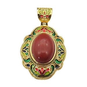 copper Oval pendant with red jasper, enamel, gold plated, approx 13-18mm, 26-33mm, 6mm hole