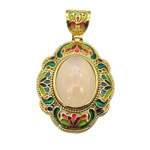 copper Oval pendant with yellow jade, enamel, gold plated, approx 13-18mm, 26-33mm, 6mm hole