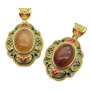 copper Oval pendant with carnelian, enamel, gold plated, approx 13-18mm, 26-33mm, 6mm hole