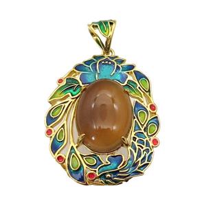 copper Oval pendant with carnelian, enamel, gold plated, approx 13-18mm, 28-36mm, 5mm hole