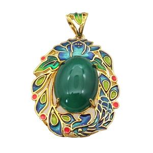 copper Oval pendant with green agate, enamel, gold plated, approx 13-18mm, 28-36mm, 5mm hole