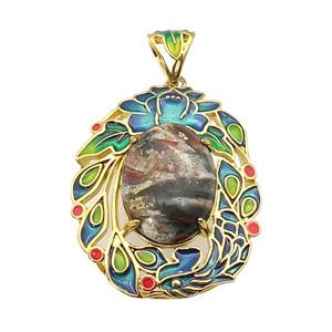 copper Oval pendant with ocean jasper, enamel, gold plated, approx 13-18mm, 28-36mm, 5mm hole