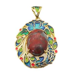 copper Oval pendant with red jasper, enamel, gold plated, approx 13-18mm, 28-36mm, 5mm hole