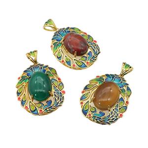 copper Oval pendant with gemstone, enamel, gold plated, mixed, approx 13-18mm, 28-36mm, 5mm hole