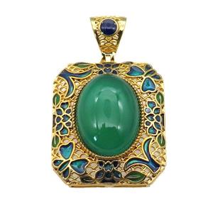 copper Rectangle pendant with green agate, enamel, gold plated, approx 13-18mm, 27-32mm, 5mm hole
