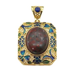 copper Rectangle pendant with red jasper, enamel, gold plated, approx 13-18mm, 27-32mm, 5mm hole