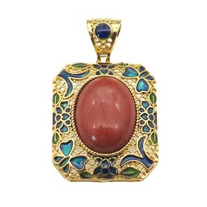 copper Rectangle pendant red jasper, enamel, gold plated, approx 13-18mm, 27-32mm, 5mm hole
