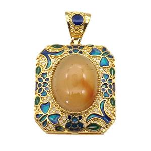 copper Rectangle pendant with yellow jade, enamel, gold plated, approx 13-18mm, 27-32mm, 5mm hole